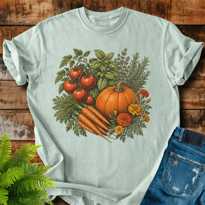 Kitchen Garden Harvest print on a Bay t-shirt