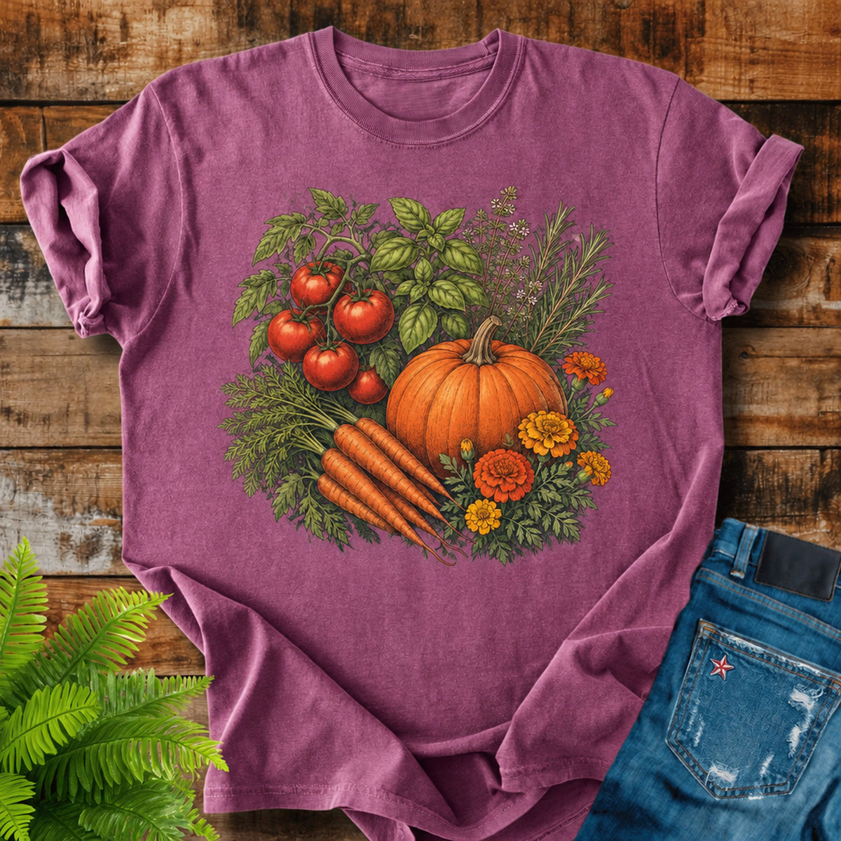 Kitchen Garden Harvest print on a Berry t-shirt