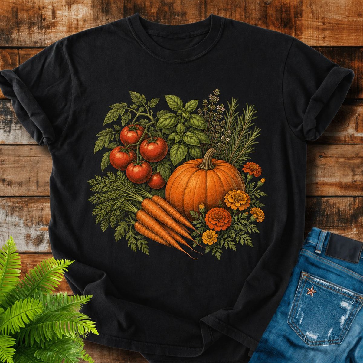 Kitchen Garden Harvest print on a Black t-shirt