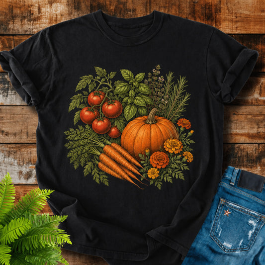Kitchen Garden Harvest print on a Black t-shirt