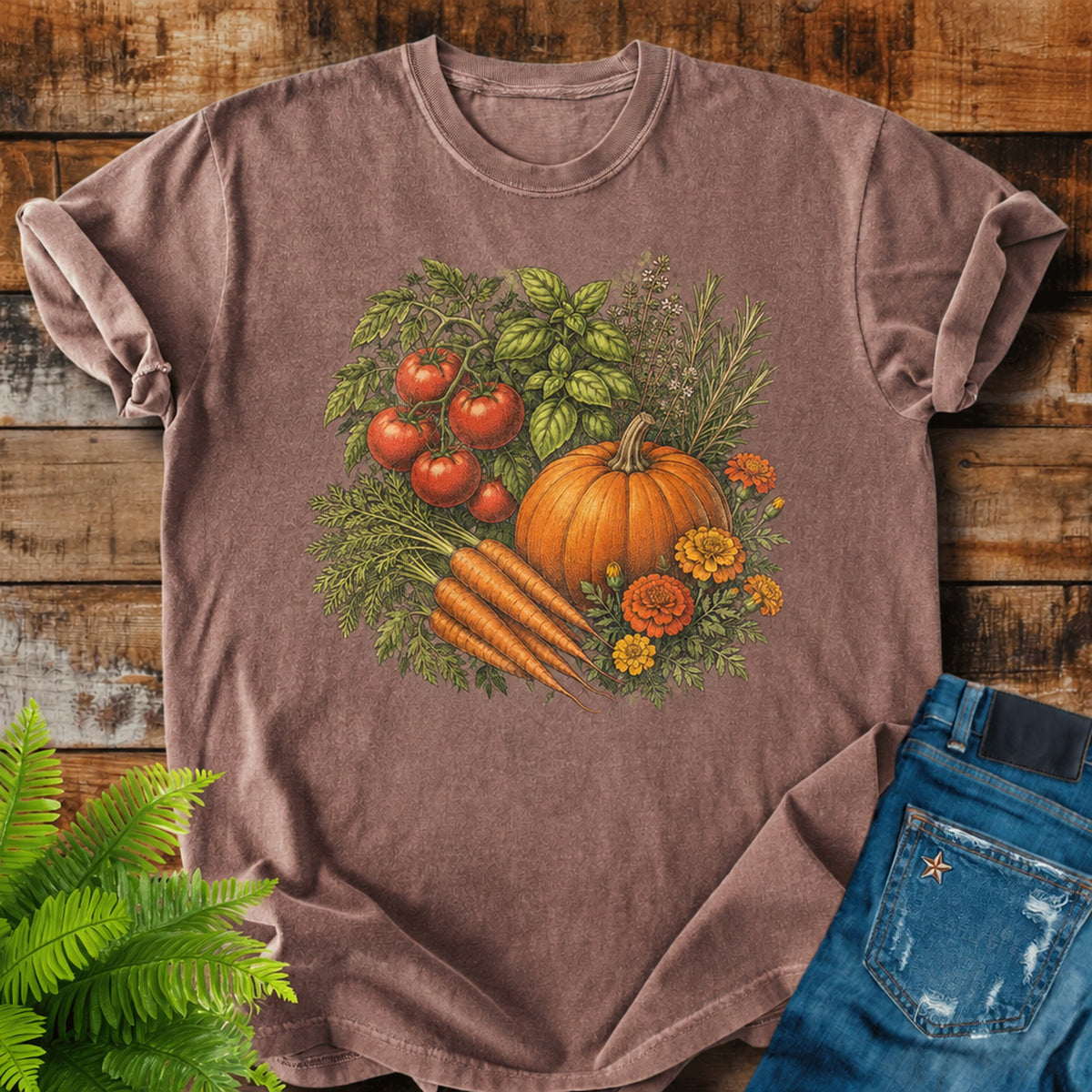Kitchen Garden Harvest print on a Espresso t-shirt