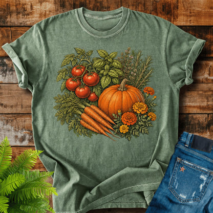 Kitchen Garden Harvest print on a Moss t-shirt