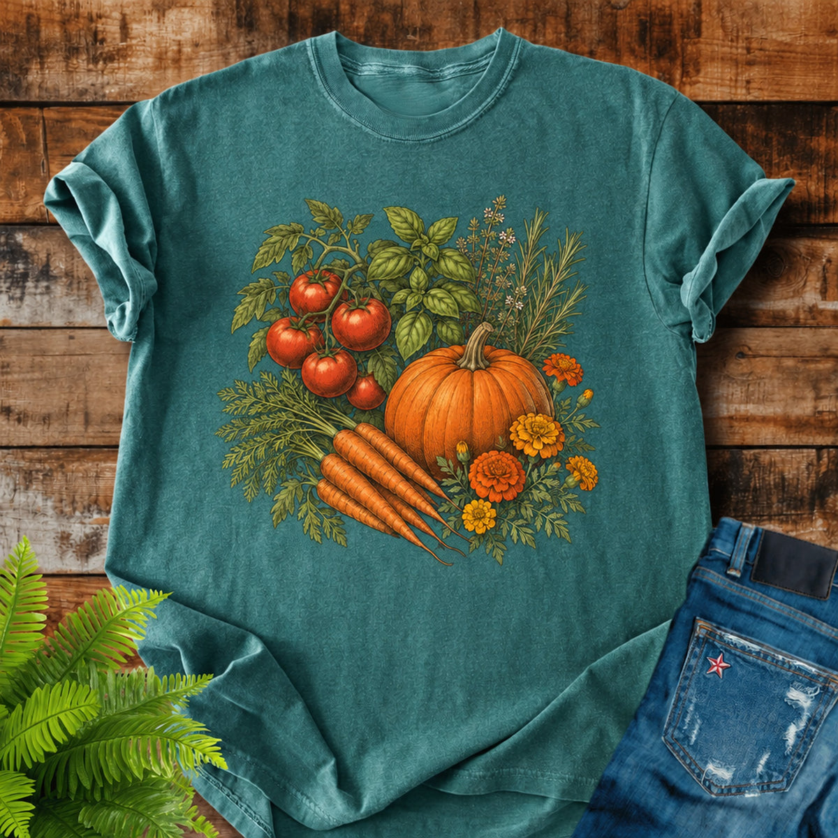 Kitchen Garden Harvest print on a Blue Spruce t-shirt