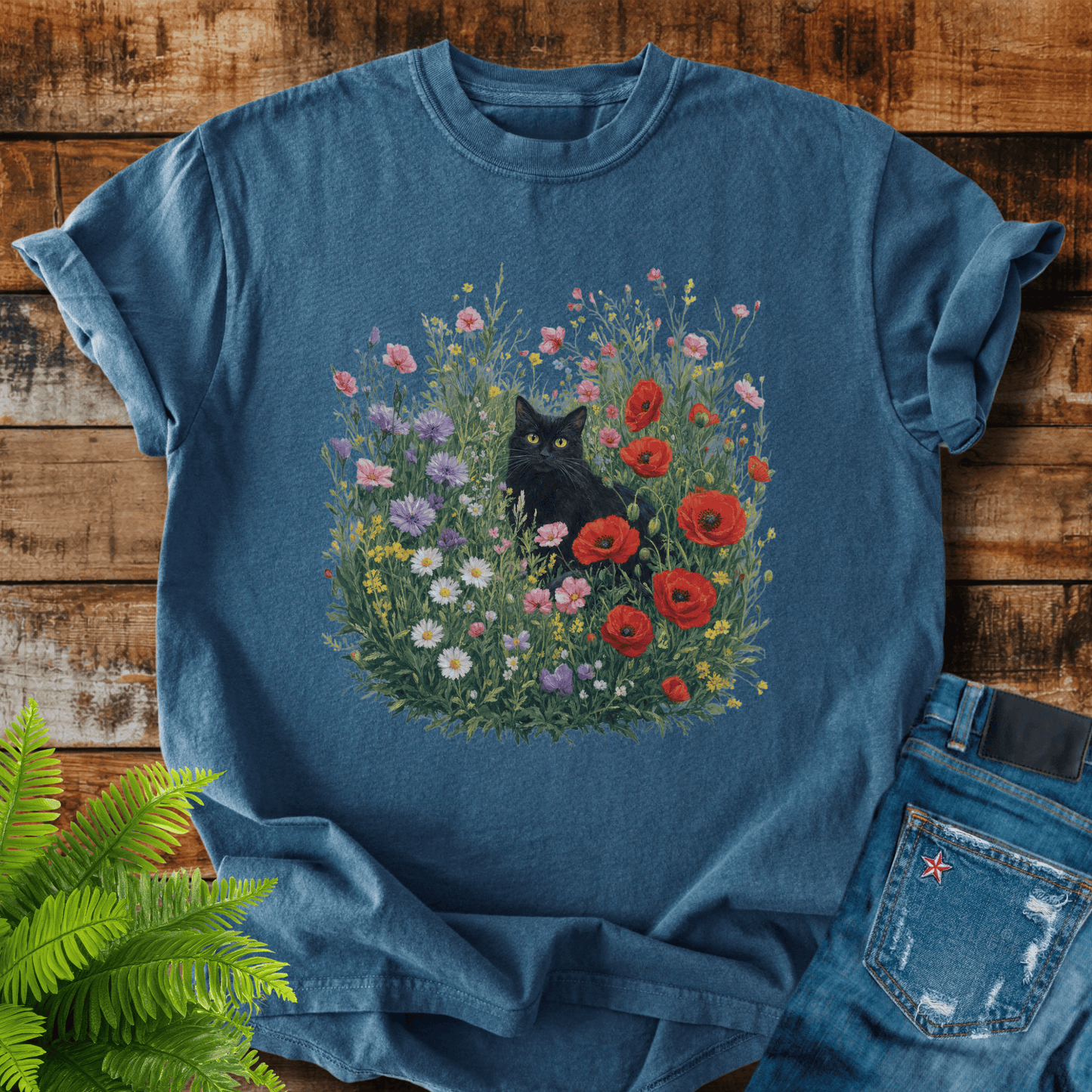 Black Cat Flowers T-shirt