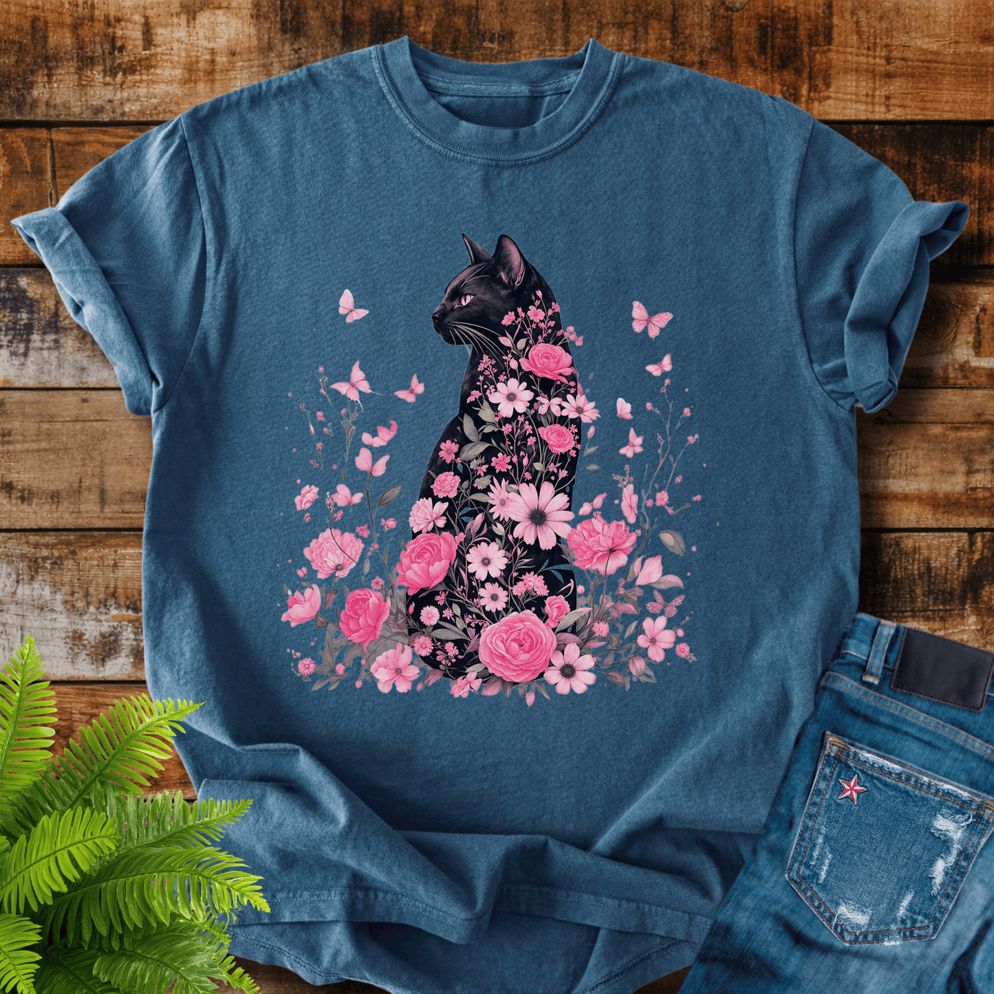 Floral Black Cat T-shirt