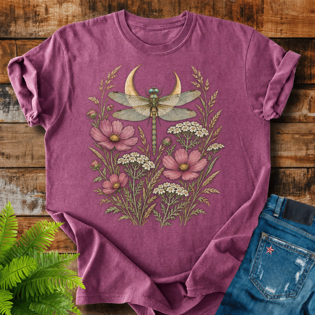 Dragonfly Moon print on a Berry t-shirt