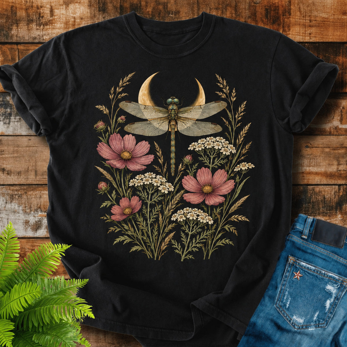 Dragonfly Moon print on a Black t-shirt