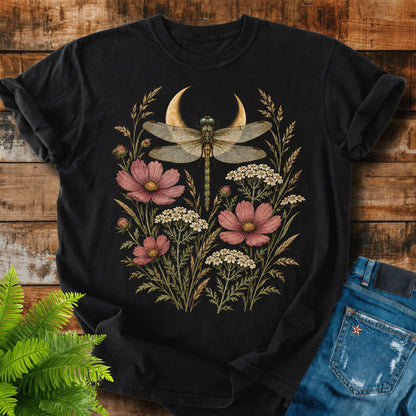 Dragonfly Moon print on a Black t-shirt