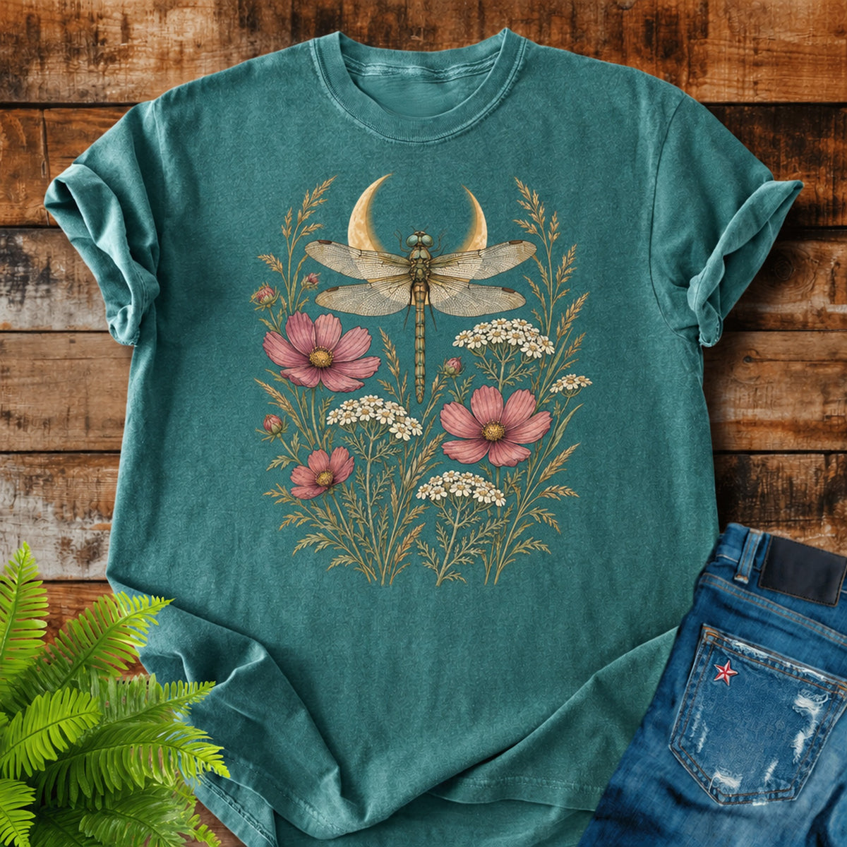 Dragonfly Moon print on a Blue Spruce t-shirt