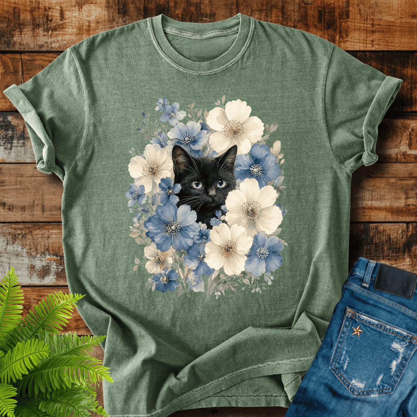 Floral Black Cat T-shirt