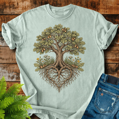Oak Heart Roots print on a Bay t-shirt