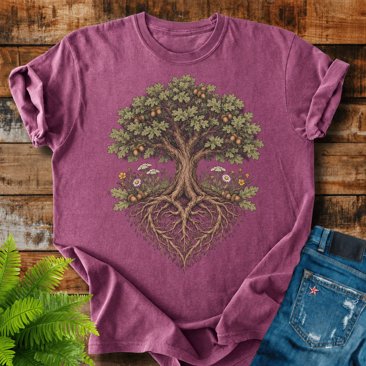 Oak Heart Roots print on a Berry t-shirt