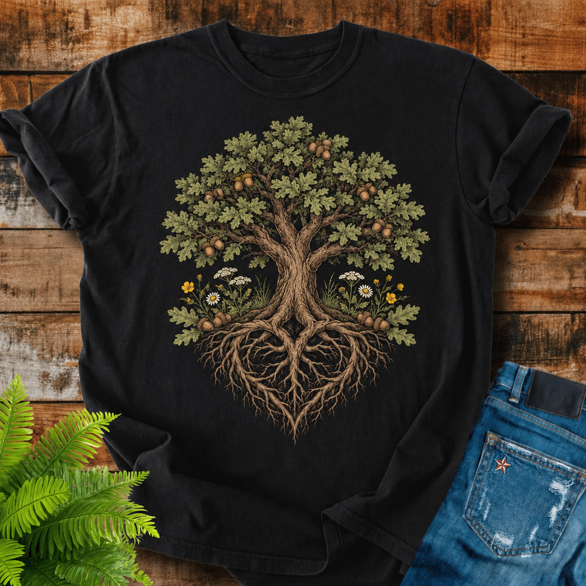Oak Heart Roots print on a Black t-shirt