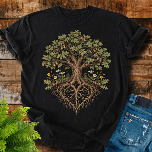Oak Heart Roots print on a Black t-shirt