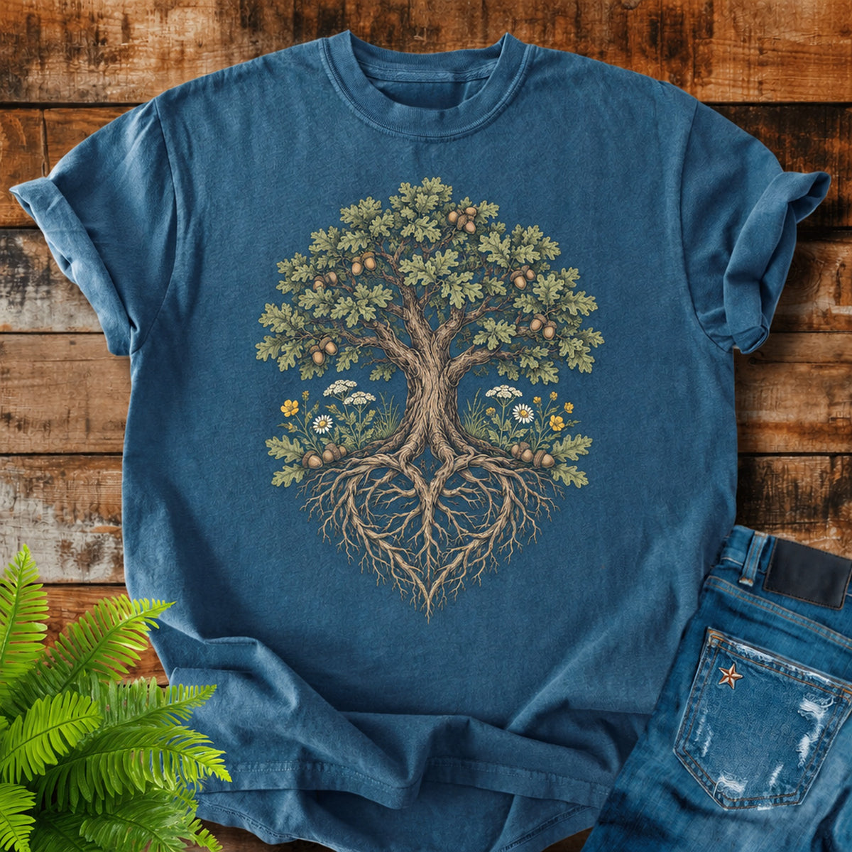 Oak Heart Roots print on a Midnight t-shirt