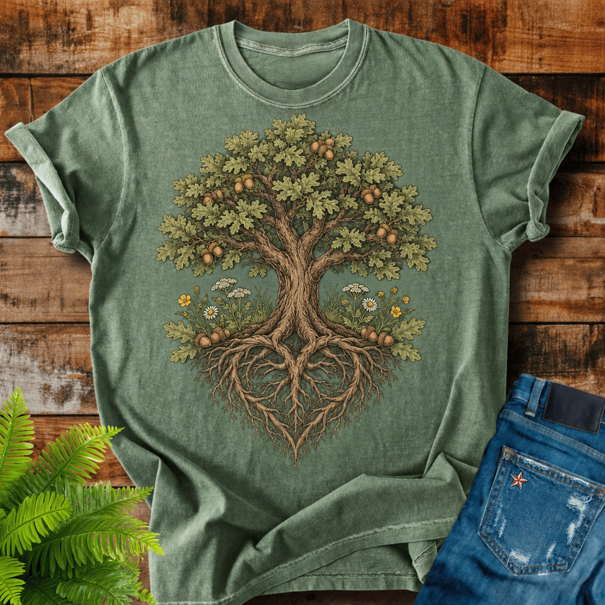 Oak Heart Roots print on a Moss t-shirt