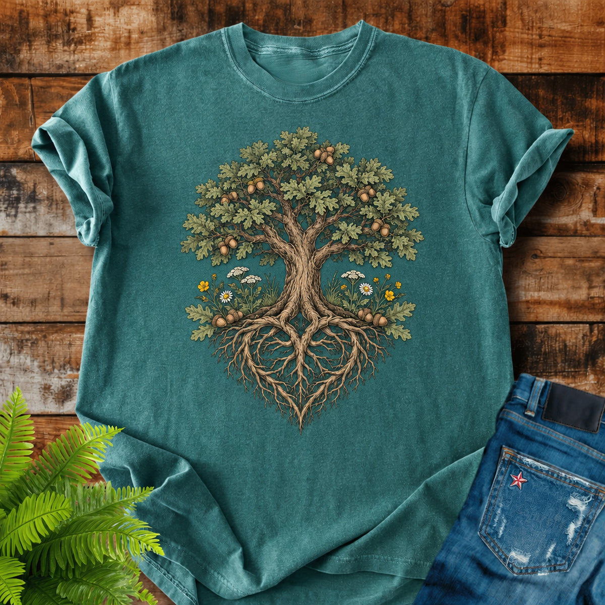 Oak Heart Roots print on a Blue Spruce t-shirt