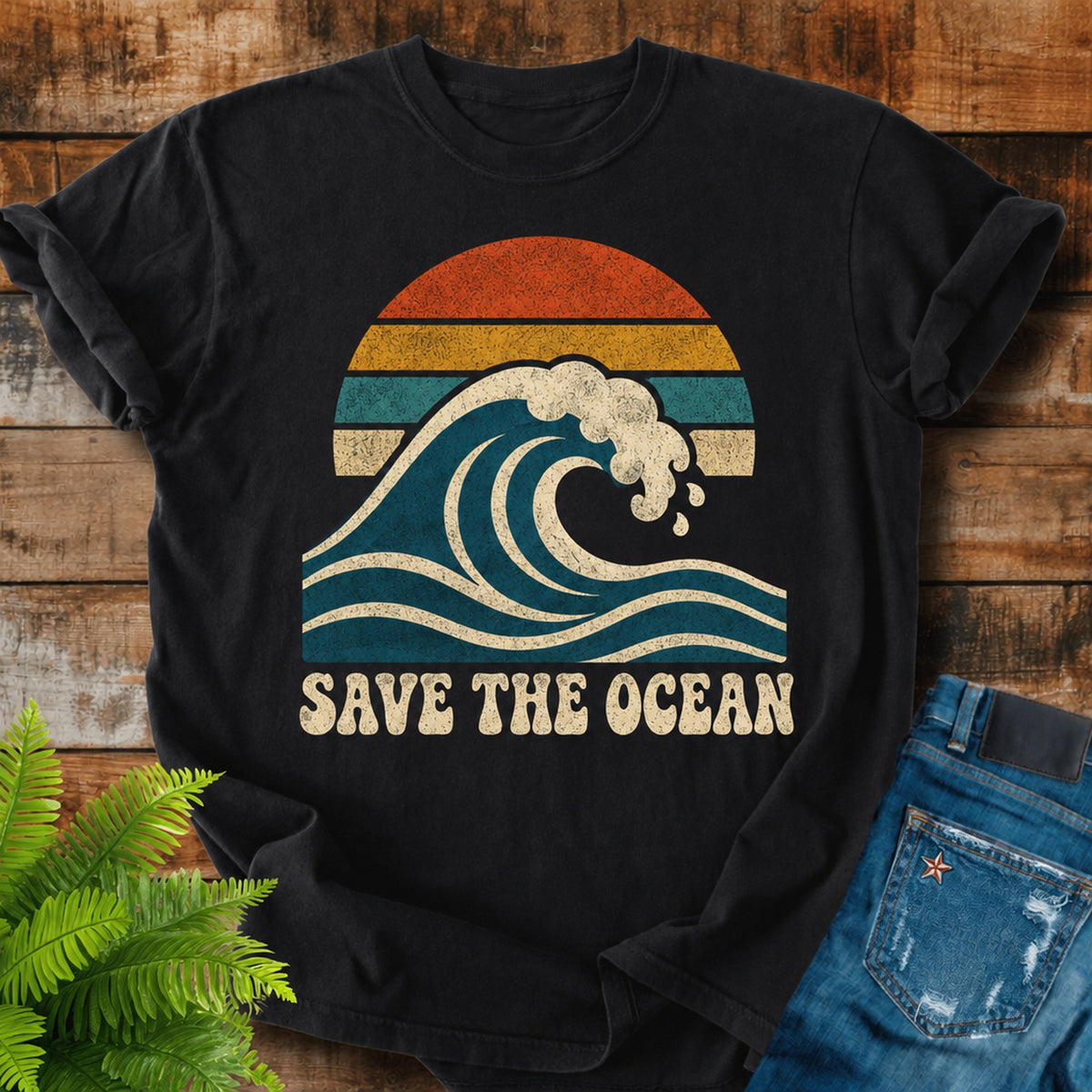 Save The Ocean print on a Black t-shirt