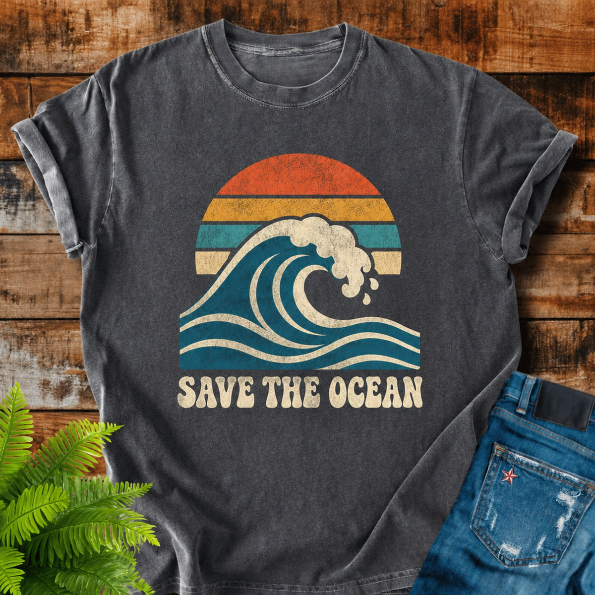 Save The Ocean print on a Pepper t-shirt