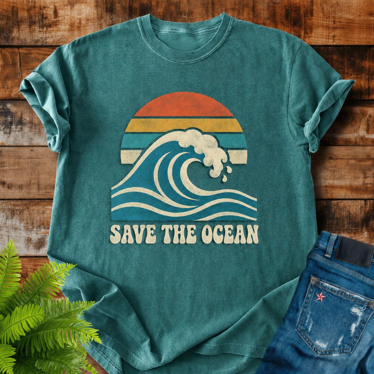 Save The Ocean print on a Blue Spruce t-shirt