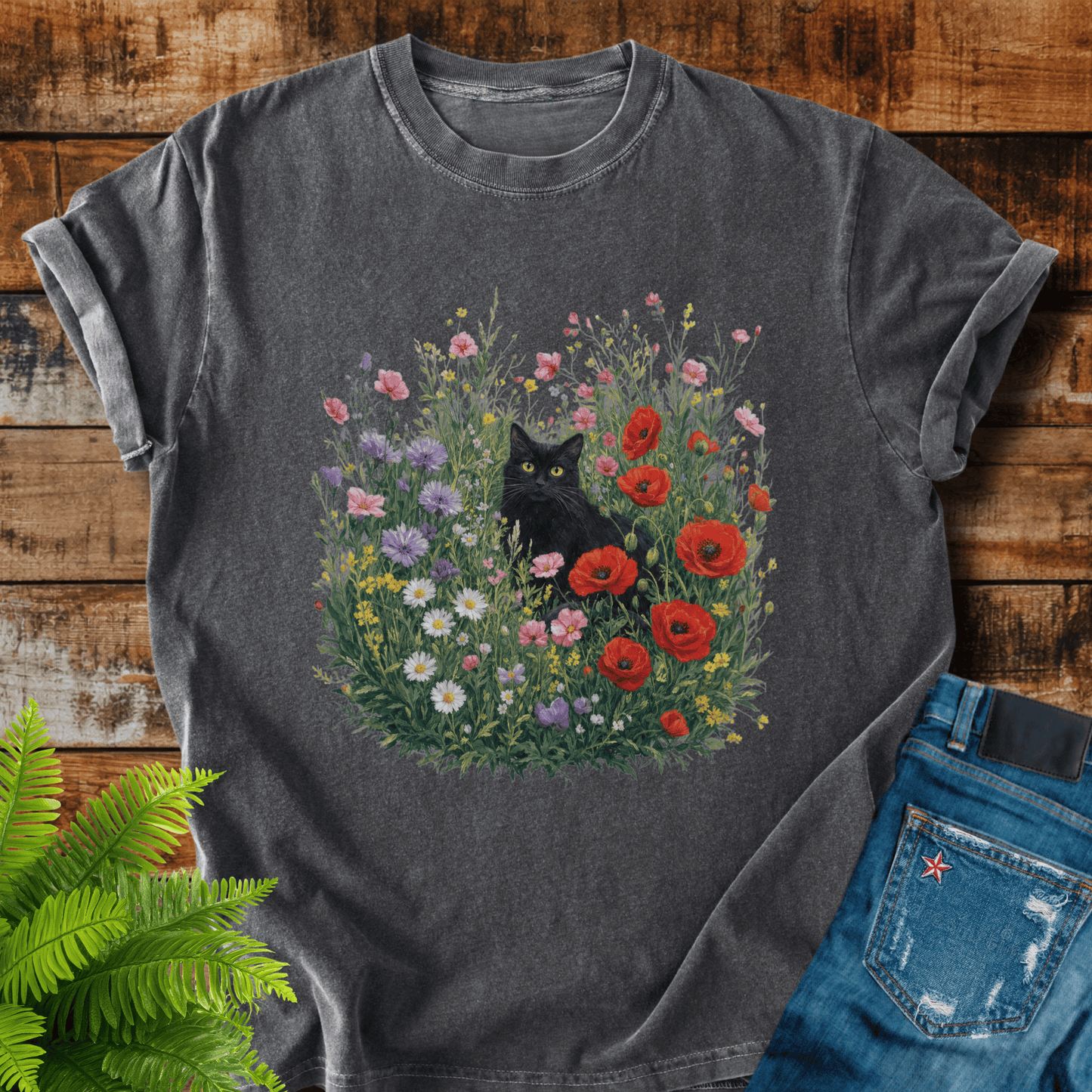 Black Cat Flowers T-shirt