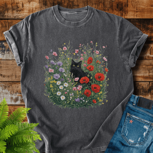 Black Cat Flowers T-shirt