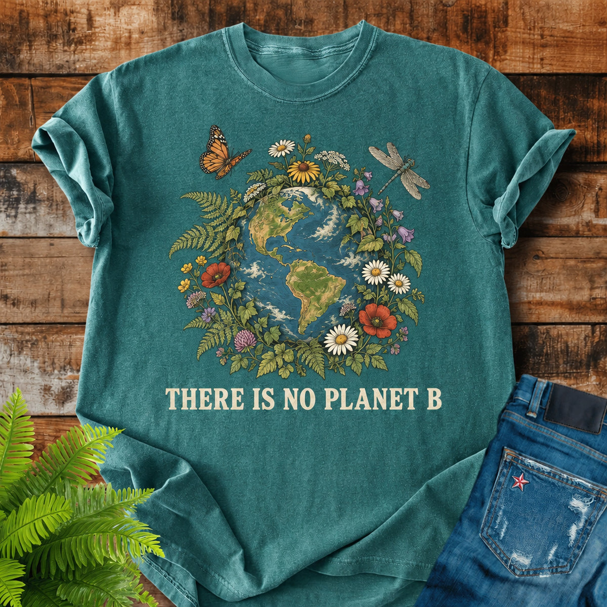 There Is No Planet B print on a Blue Spruce t-shirt