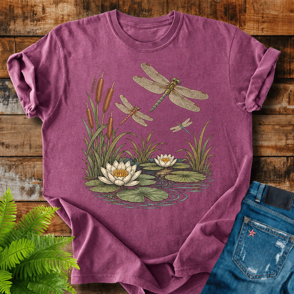 Dragonfly Pond print on a Berry t-shirt