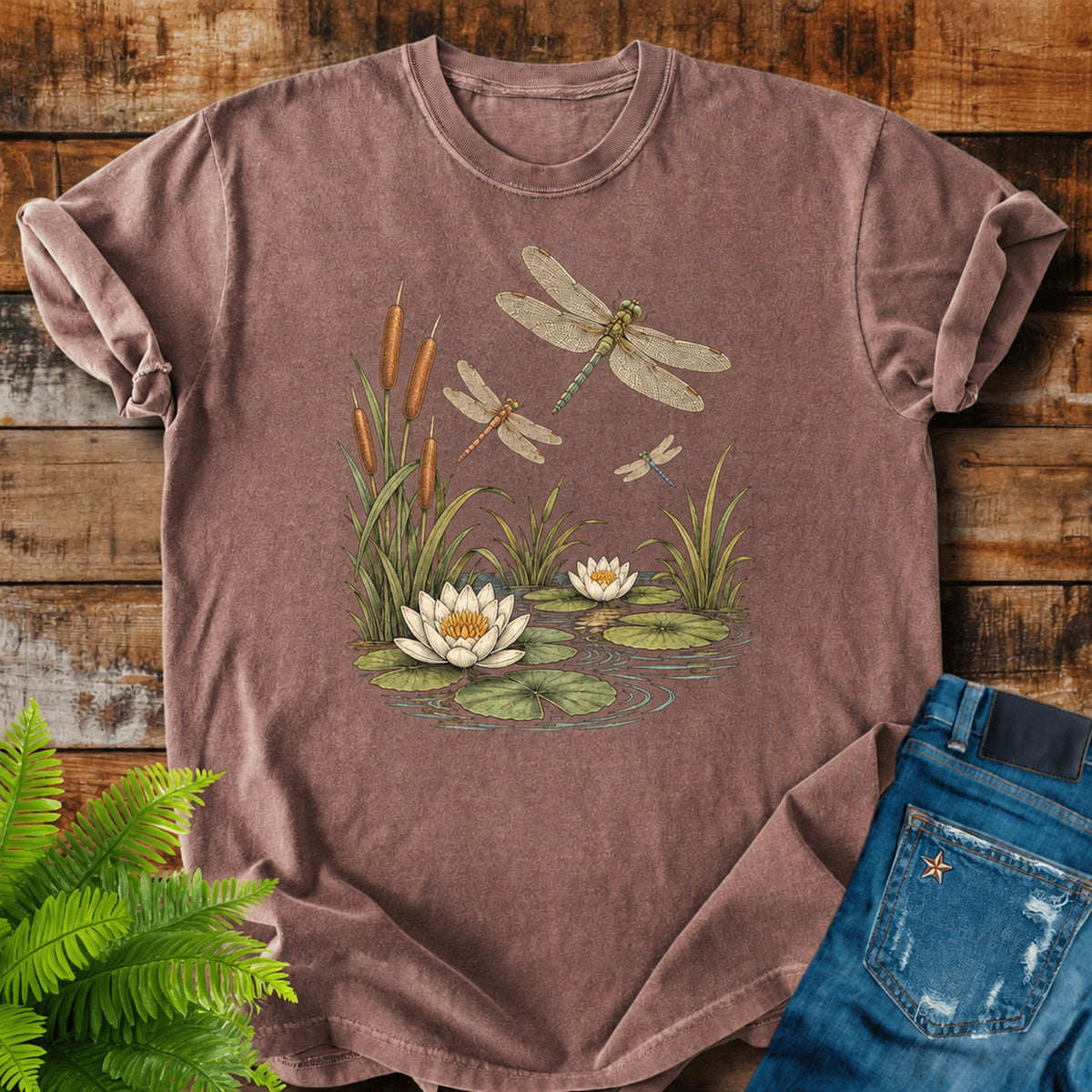 Dragonfly Pond print on a Espresso t-shirt
