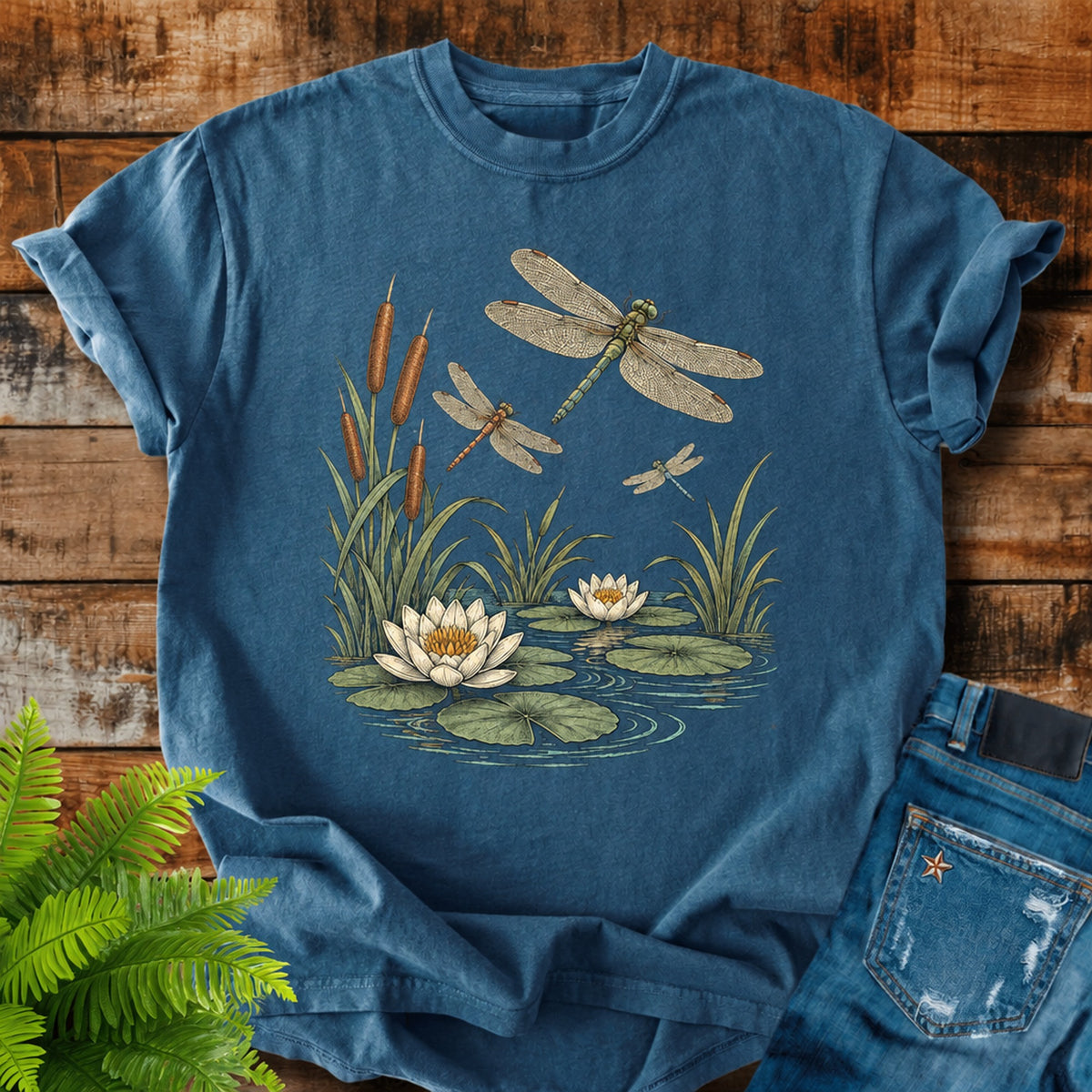 Dragonfly Pond print on a Midnight t-shirt