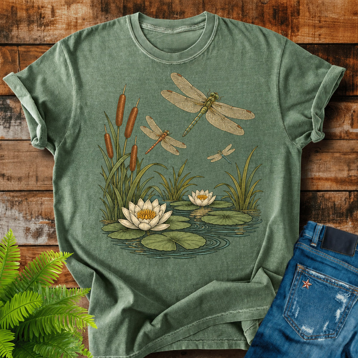 Dragonfly Pond print on a Moss t-shirt
