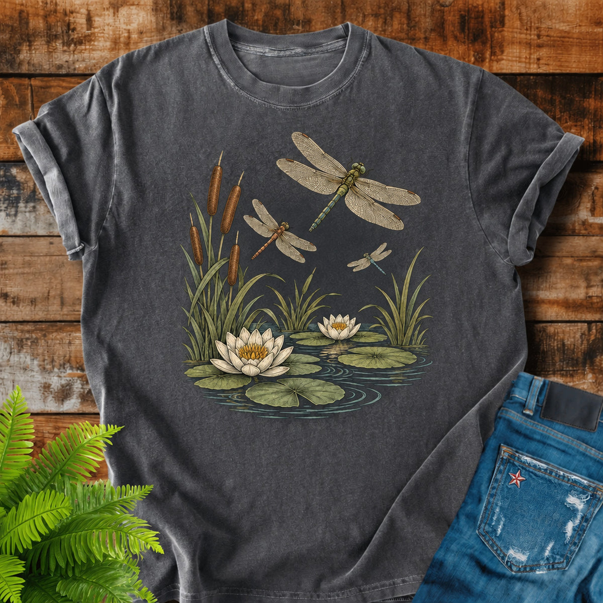 Dragonfly Pond print on a Pepper t-shirt