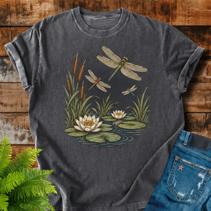 Dragonfly Pond print on a Pepper t-shirt