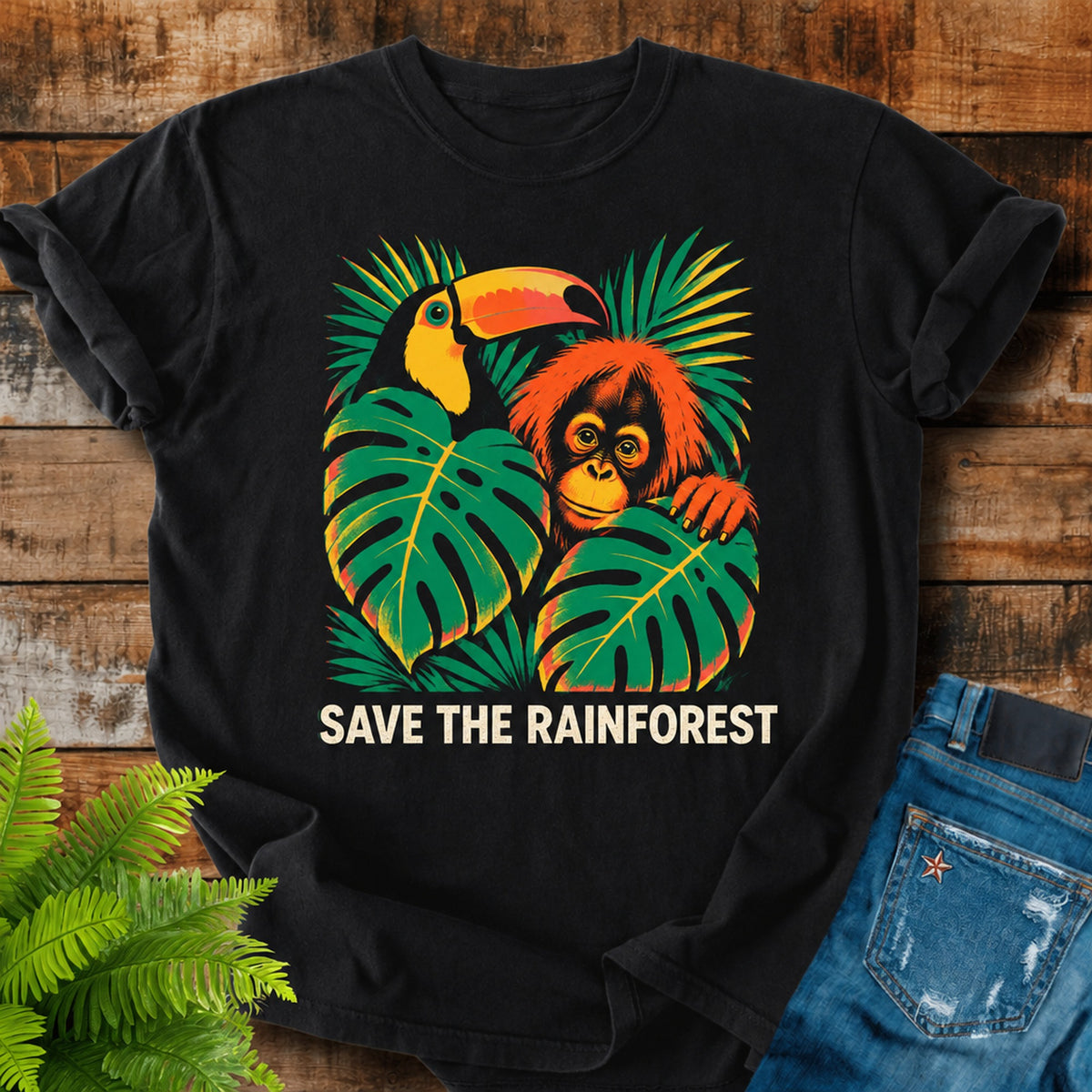 Save The Rainforest print on a Black t-shirt