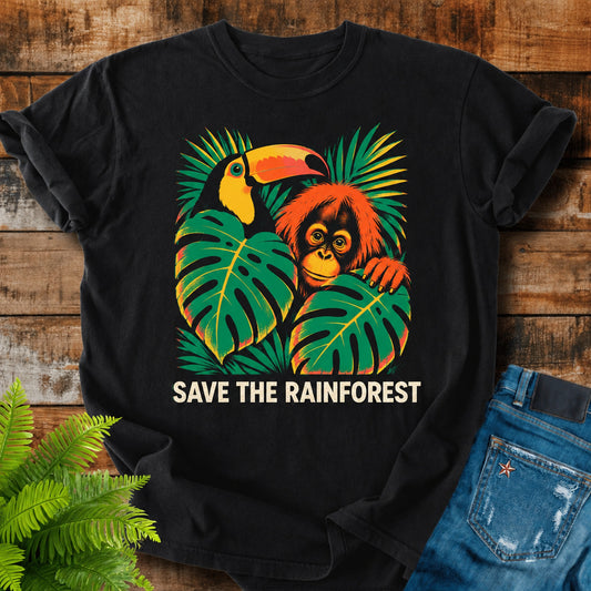 Save The Rainforest print on a Black t-shirt