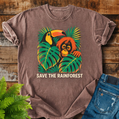 Save The Rainforest print on a Espresso t-shirt