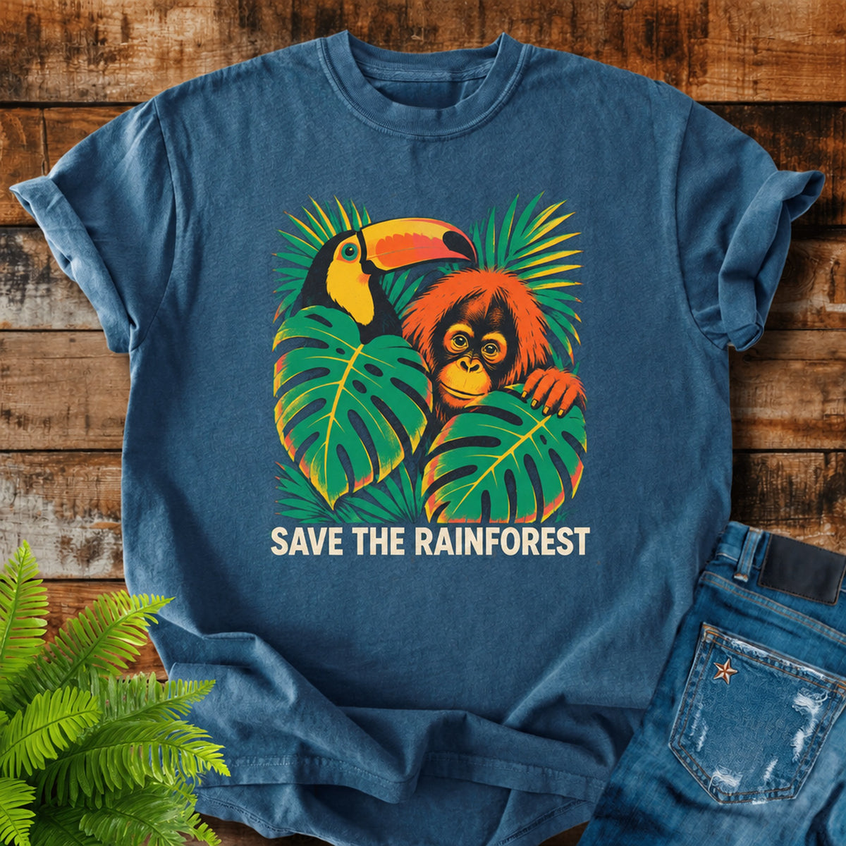 Save The Rainforest print on a Midnight t-shirt
