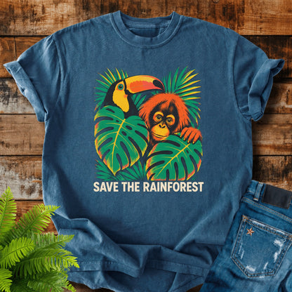 Save The Rainforest print on a Midnight t-shirt