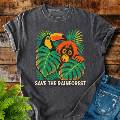 Save The Rainforest print on a Pepper t-shirt