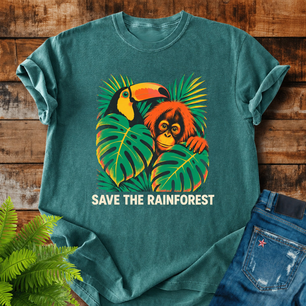 Save The Rainforest print on a Blue Spruce t-shirt