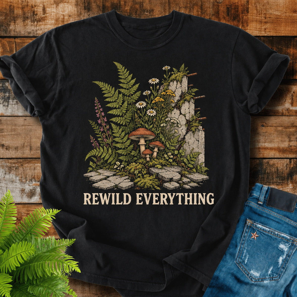 Rewild Everything print on a Black t-shirt