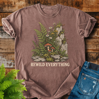 Rewild Everything print on a Espresso t-shirt