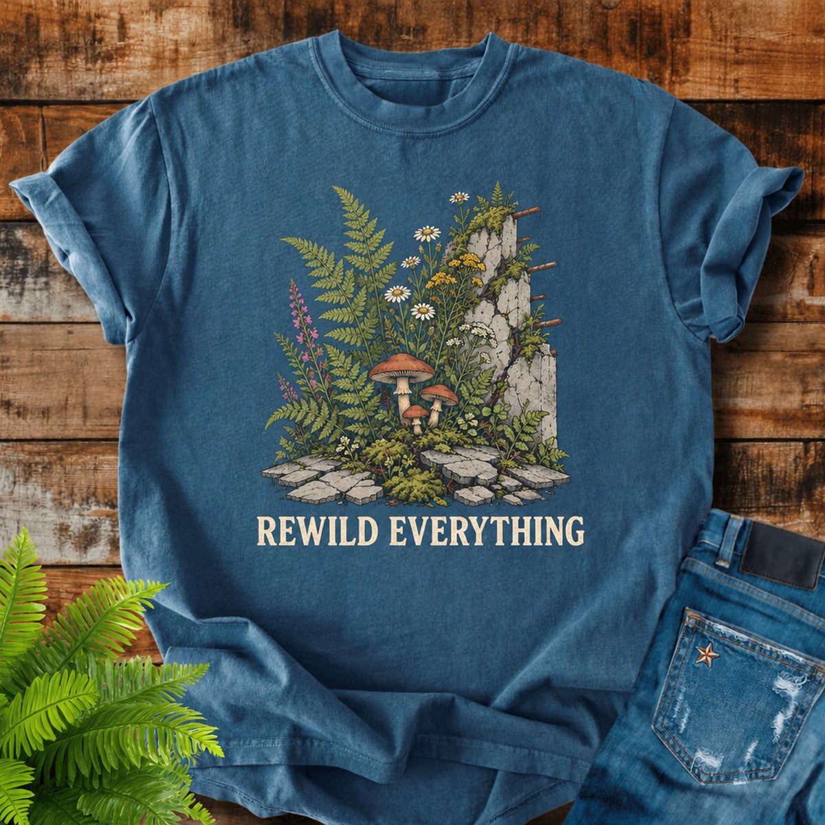 Rewild Everything print on a Midnight t-shirt