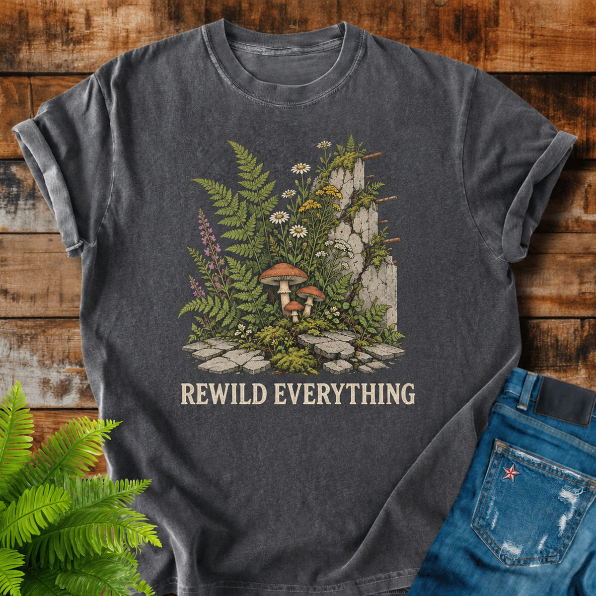 Rewild Everything print on a Pepper t-shirt