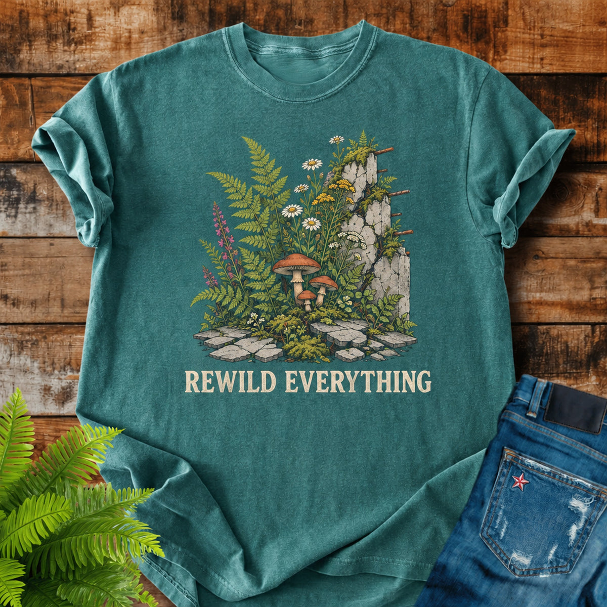 Rewild Everything print on a Blue Spruce t-shirt