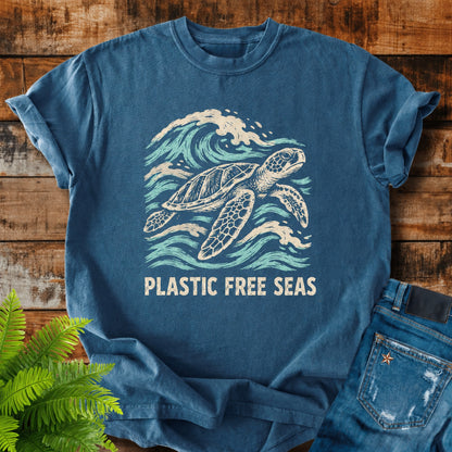 Plastic Free Seas print on a Midnight t-shirt
