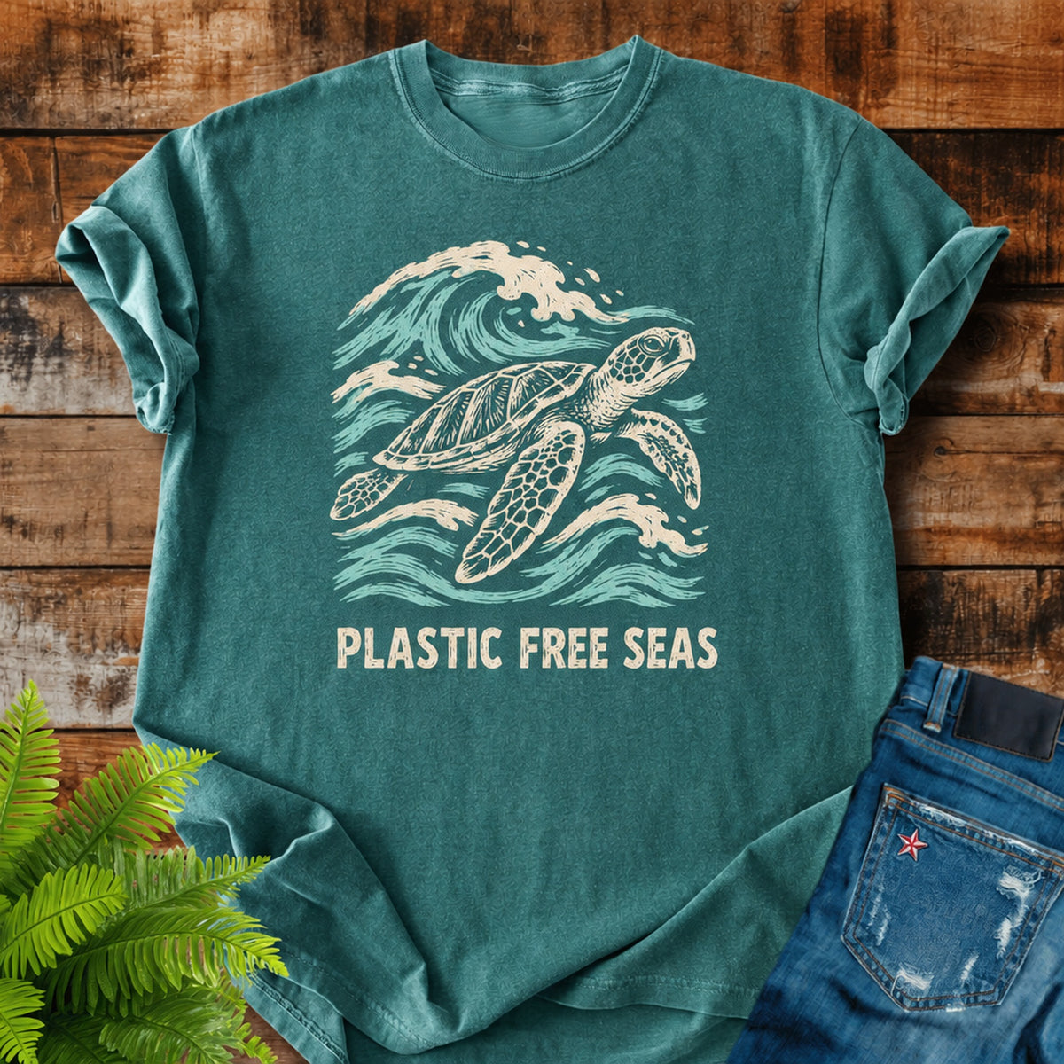Plastic Free Seas print on a Blue Spruce t-shirt