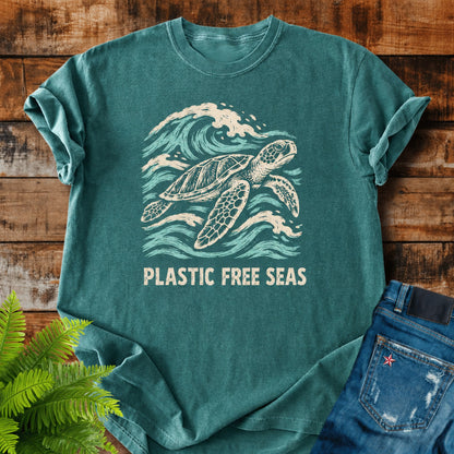 Plastic Free Seas print on a Blue Spruce t-shirt