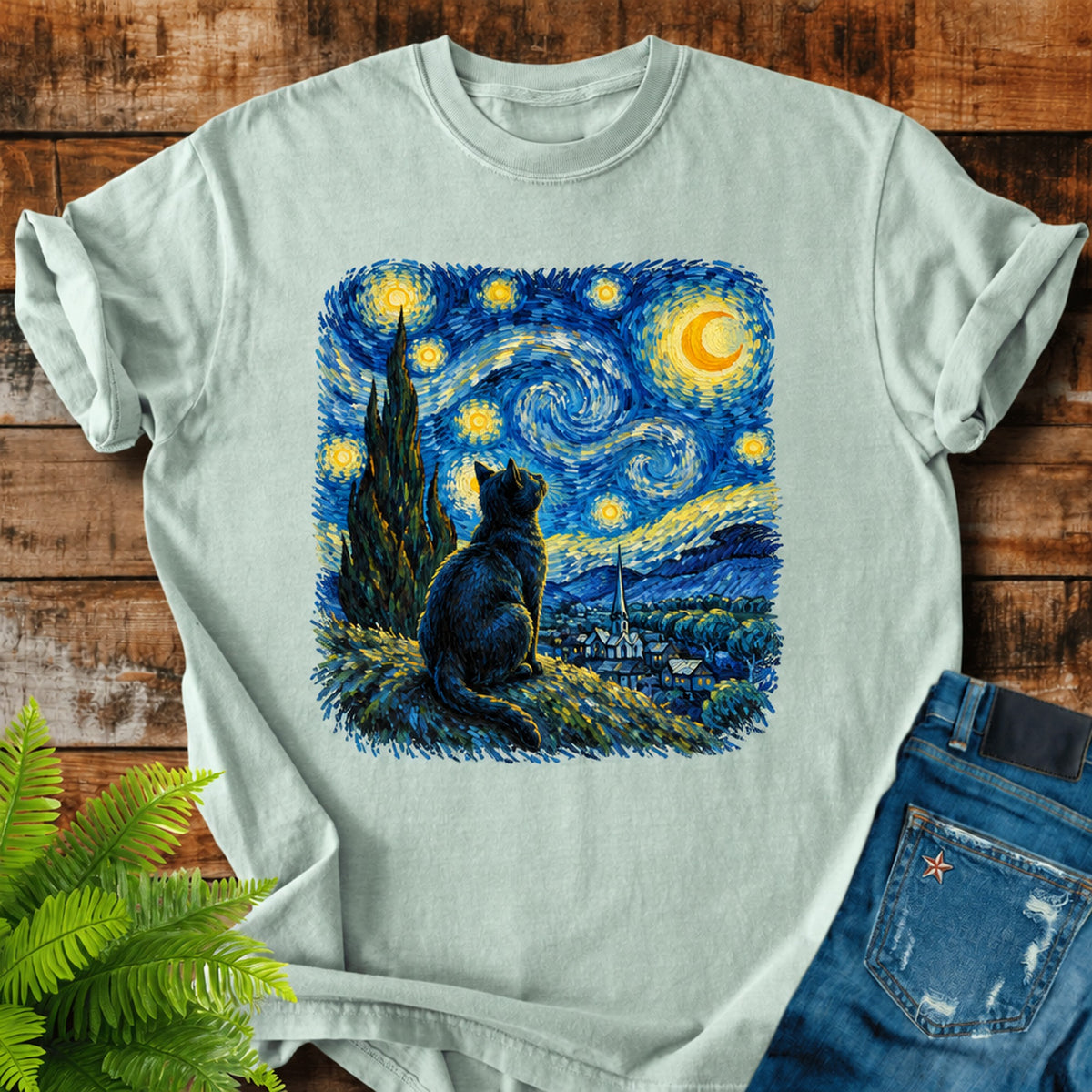 Starry Night Cat print on a Bay t-shirt