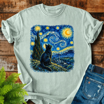 Starry Night Cat print on a Bay t-shirt